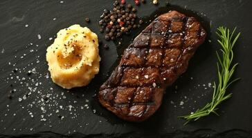 ai gegenereerd minimalistisch voedsel reclame fotograaf met een watertanden steak maaltijd, ai gegenereerd foto