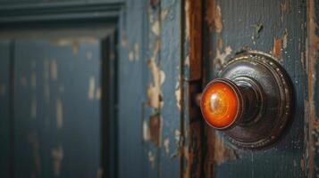 ai gegenereerd een opvallend detail een detailopname van een deur knop met een oranje knop. ai gegenereerd foto