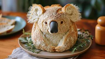 ai gegenereerd uniek brood brood lijkt op een koala resting Aan een houten tafel, ai gegenereerd foto