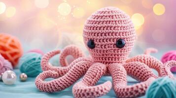 ai gegenereerd gehaakt Octopus speelgoed- levendig achtergrond, handgemaakt en schattig, ai gegenereerd foto