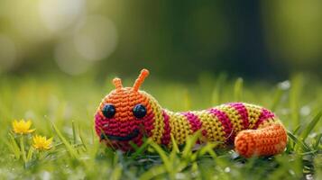 ai gegenereerd gehaakt regenworm speelgoed- levendig achtergrond, handgemaakt en schattig, ai gegenereerd foto