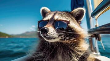 ai gegenereerd een wasbeer is zittend Aan een boot in de oceaan, ai gegenereerd foto