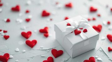 ai gegenereerd wit geschenk doos vergezeld door feestelijk rood harten Aan een wit achtergrond, ai gegenereerd foto