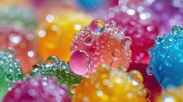 ai gegenereerd een detailopname van een TROS van kleurrijk snoepjes versierd met glinsterend water druppels, toevoegen een verrukkelijk tintje naar hun zoetheid, ai gegenereerd. foto
