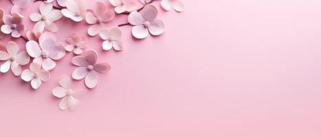 ai gegenereerd een charmant arrangement van roze bloemen en harten Aan een roze achtergrond, perfect voor moeder dag, Valentijnsdag dag, of verjaardag feesten, ai gegenereerd. foto