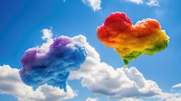 ai gegenereerd kleurrijk regenboog wolken in de vorm van een hart Aan een blauw lucht Aan Valentijnsdag dag, ai gegenereerd foto