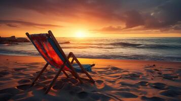 ai gegenereerd een strand stoel is zittend Aan de zand van een strand Bij zonsondergang, ai gegenereerd foto