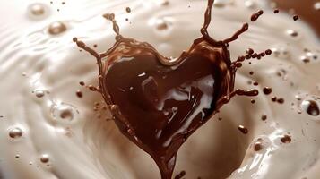 ai gegenereerd een chocola hart opkomend van een melk plons, portie net zo een romantisch voedsel symbool voor Valentijnsdag dag, ai gegenereerd foto