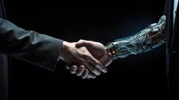 ai gegenereerd een handdruk tussen een menselijk en een machine, symboliseert mens-machine samenwerking, ai gegenereerd foto