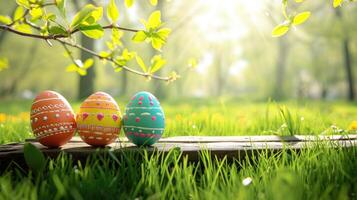 ai gegenereerd drie geschilderd Pasen eieren symboliseert een gelukkig Pasen Aan een voorjaar dag, reeks in een groen gras weide met helder zonlicht, boom bladeren, en een achtergrond, ai gegenereerd. foto