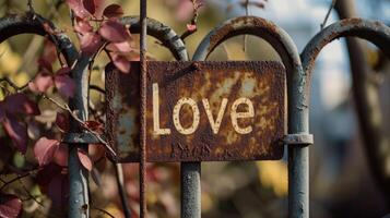 ai gegenereerd roestig teken Aan een hek weergeven liefde, mengen verval met aanhankelijk symboliek, ai gegenereerd foto