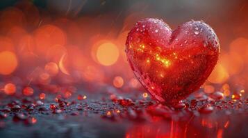 ai gegenereerd een stralend rood hart met sprankelend water druppels, reeks tegen een levendig bokeh achtergrond, symboliseert diep liefde en passie foto