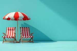 ai gegenereerd strand dek stoelen en paraplu reeks Aan licht achtergrond foto