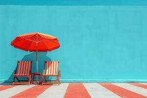 ai gegenereerd strand dek stoelen en paraplu reeks Aan licht achtergrond foto