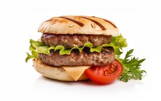 ai gegenereerd smakelijk hamburger Aan een wit geïsoleerd achtergrond foto