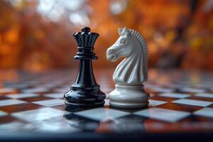 ai gegenereerd zwart en wit schaak figuren bord poseren in de voorkant foto