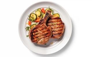 ai gegenereerd gegrild varkensvlees of rundvlees steaks met chili geïsoleerd Aan wit achtergrond foto