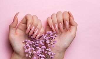 vrouw handen met roze nagel ontwerp houden gypsophila bloemen. foto