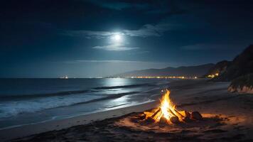 ai gegenereerd een sereen kust- tafereel met een vreugdevuur Aan de strand, verlichte door de maanlicht foto