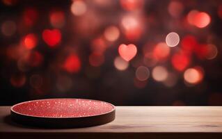 ai gegenereerd leeg hout steen podium tafel Valentijnsdag dag rood achtergrond met hart foto