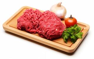 ai gegenereerd vers fijngehakt vlees klaar voor Koken geïsoleerd Aan wit achtergrond foto