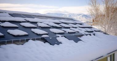 ai gegenereerd de winter deken. met sneeuw bedekt zonne- panelen Aan een dak tegen de lucht in aanbreken van de dag foto