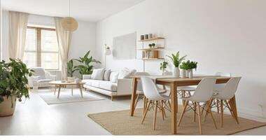 ai gegenereerd een elegant wit studio appartement naadloos integreren dining en leven ruimten foto