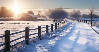 ai gegenereerd een houten langs de weg hek genieten in een straal van zon, reeks tegen een besneeuwd, banden gevolgd winter panorama foto