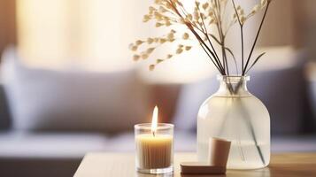 ai gegenereerd rustig aromatherapie - een knus tafel instelling met een riet verdeler, kaars, eucalyptus, en parfum in een hygge-geïnspireerd huis foto