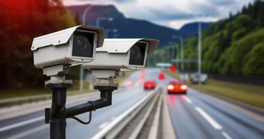 ai gegenereerd snelheid controleren vooruit. radar snelheid controle camera Aan de weg foto