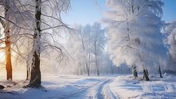 ai gegenereerd de sereen schoonheid van bomen gekleed in de winter bevroren omhelzing binnen de Woud foto