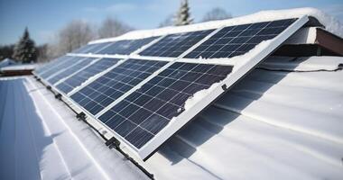 ai gegenereerd antenne visie van sneeuw smelten van gedekt zonne- fotovoltaïsche panelen geïnstalleerd Aan huis op het dak voor produceren schoon elektrisch energie foto