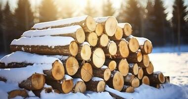 ai gegenereerd besneeuwd gehakt hout netjes opgestapeld buitenshuis, genieten in de winter zonnig omhelzing foto