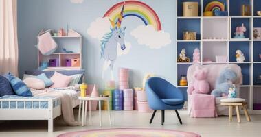 ai gegenereerd een levendig kinderen slaapkamer versierd met eenhoorn en ijsje affiches, comfortabel beddengoed, en speels decor foto