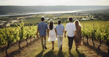 ai gegenereerd achterzijde visie groep van jong vrienden hangende uit samen, wandelen Aan de wijngaard Aan een zonnig dag foto