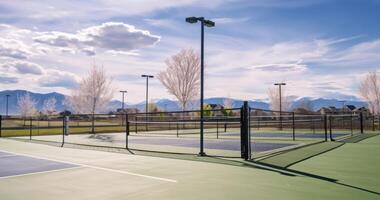 ai gegenereerd tennis rechtbanken met mooi zonnig lucht achtergrond. huizen en berg silhouet kan worden gezien in de afstand foto