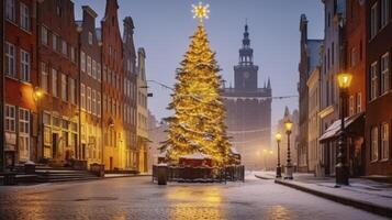 ai gegenereerd winter wonderland - de majestueus schoonheid van een Kerstmis boom in de hart van de oud stad- foto