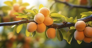 ai gegenereerd een tuin abrikoos boom tak, boordevol met rijp, heerlijk fruit met kopiëren ruimte foto