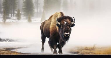 ai gegenereerd een machtig bizon temidden van de nevelig sfeer van een heet voorjaar in een nationaal park foto