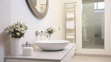 ai gegenereerd een knapperig wit badkamer, samenvoegen functie en stijl in een modern huis foto