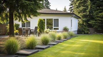 ai gegenereerd een vredig huis tuin versierd met weelderig gras en een kwartet van struiken foto