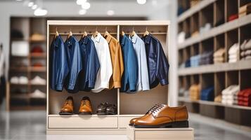 ai gegenereerd stijl vitrine - elegant kleren met schoenen in winkel foto