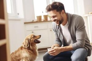 ai gegenereerd een Mens zittend Aan de verdieping met zijn hond foto