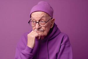 ai gegenereerd ouderen Mens vervelend paars sportief capuchon met bril. genereren ai foto