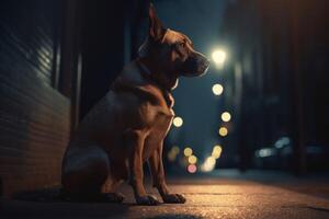 ai gegenereerd hond zittend Aan verlichte avond straat. genereren ai foto