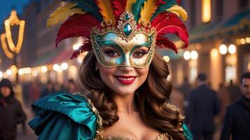 ai gegenereerd mooi vrouw vervelend Venetiaanse carnaval masker en kostuum foto