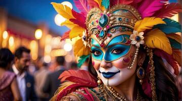 ai gegenereerd mooi vrouw vervelend Venetiaanse carnaval masker en kostuum foto