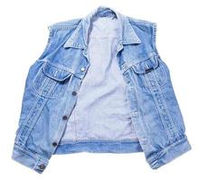 blauw denim vest op een witte achtergrond, jeans vest geïsoleerd op een witte achtergrond, zomer kleding element foto