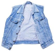 blauw denim vest op een witte achtergrond, jeans vest geïsoleerd op een witte achtergrond, zomer kleding element foto