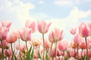 ai gegenereerd tulpen Bij ochtendgloren. moeder dag kaart. ansichtkaart voor maart 8 foto